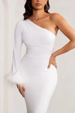 Martha | White One Sleeve Maxi Dress With Feather Cuff And Hemline -Stylixon Sales Store WB BR CL129244 MarthaWhiteOneSleeveMaxiDresswithFeatherCuffandHemline3 scaled