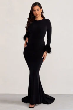 Betty | Black High Neck Long Sleeve Maxi Dress With Feather Cuffs -Stylixon Sales Store WB BR CL129250 BettyBlackHighNeckLongSleeveMaxiDresswithFeatherCuffs0 scaled