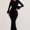 Betty | Black High Neck Long Sleeve Maxi Dress With Feather Cuffs