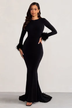 Best Seller 17 Betty | Black High Neck Long Sleeve Maxi Dress With Feather Cuffs