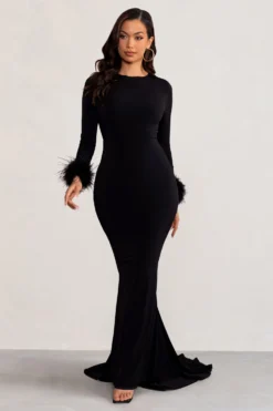 Betty | Black High Neck Long Sleeve Maxi Dress With Feather Cuffs -Stylixon Sales Store WB BR CL129250 BettyBlackHighNeckLongSleeveMaxiDresswithFeatherCuffs3 scaled