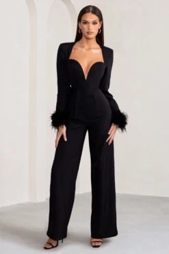 Portia | Black Sweetheart Plunge Wide Leg Jumpsuit With Feather Cuffs -Stylixon Sales Store WB BR CL129257 PortiaBlackSweetheartPlungeWideLegJumpsuitwithFeatherCuffs0 scaled