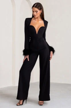 Portia | Black Sweetheart Plunge Wide Leg Jumpsuit With Feather Cuffs -Stylixon Sales Store WB BR CL129257 PortiaBlackSweetheartPlungeWideLegJumpsuitwithFeatherCuffs1 scaled