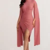Sara | Blush High Neck Ruched Midi Dress With Cape Sleeves