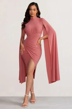 Sara | Blush High Neck Ruched Midi Dress With Cape Sleeves -Stylixon Sales Store WB BR CL129272 SaraBlushHighNeckRuchedMaxiDresswithCapeSleeves1 scaled