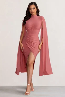 Sara | Blush High Neck Ruched Midi Dress With Cape Sleeves -Stylixon Sales Store WB BR CL129272 SaraBlushHighNeckRuchedMaxiDresswithCapeSleeves2 scaled