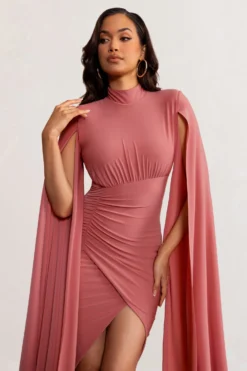 Sara | Blush High Neck Ruched Midi Dress With Cape Sleeves -Stylixon Sales Store WB BR CL129272 SaraBlushHighNeckRuchedMaxiDresswithCapeSleeves3 scaled