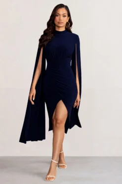 Sara | Navy High Neck Ruched Midi Dress With Cape Sleeves