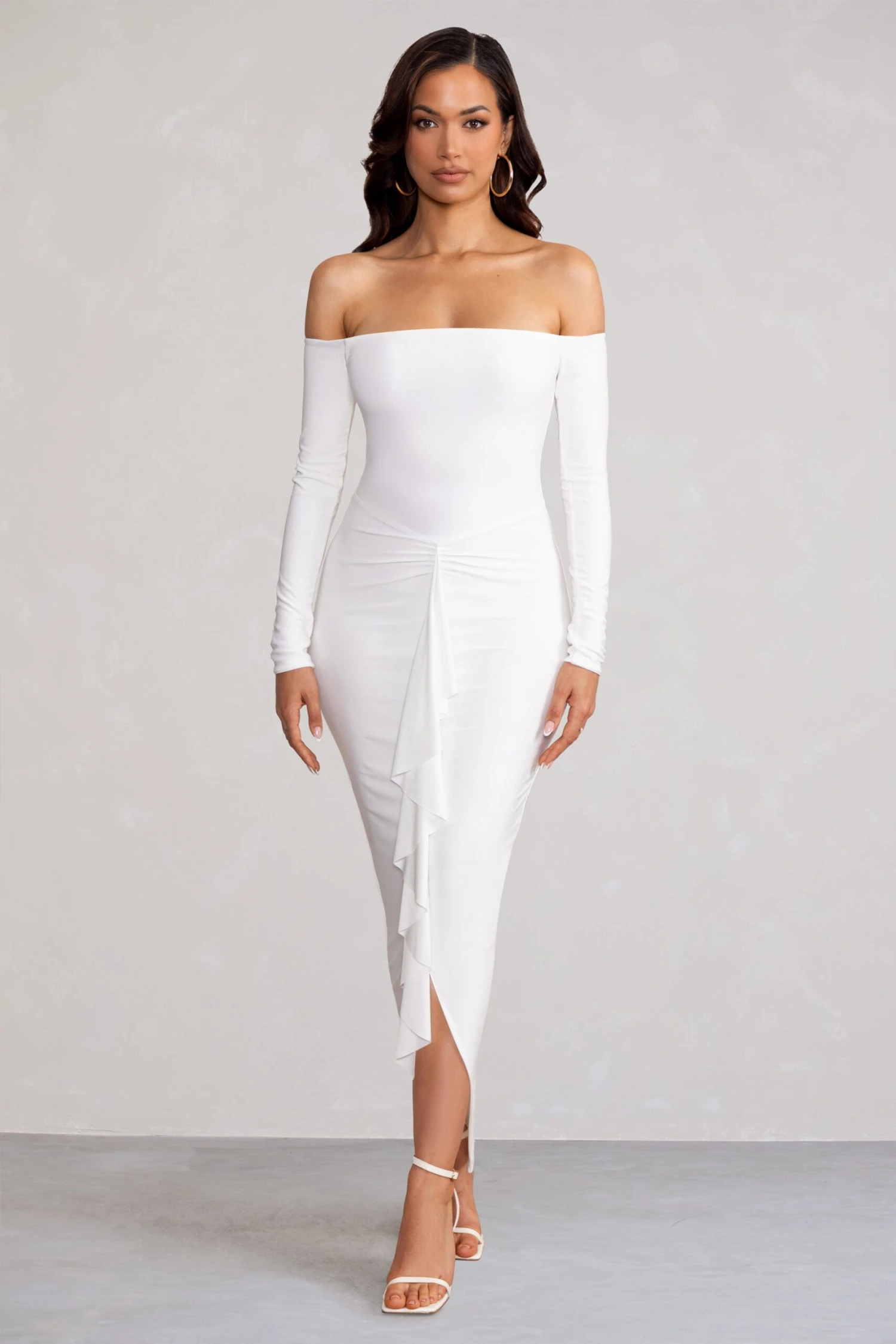 Leanora | White Long Sleeve Bardot Midi Dress With Front Ruffle 4 Leanora | White Long Sleeve Bardot Midi Dress With Front Ruffle - Image 4