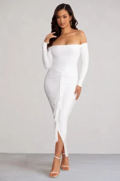 Leanora | White Long Sleeve Bardot Midi Dress With Front Ruffle