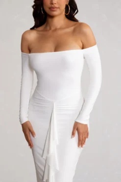 Leanora | White Long Sleeve Bardot Midi Dress With Front Ruffle 7 Leanora | White Long Sleeve Bardot Midi Dress With Front Ruffle -Stylixon Sales Store WB BR CL129283 LeanoraWhiteLongSleeveBardotMidiDresswithFrontRuffle4 scaled