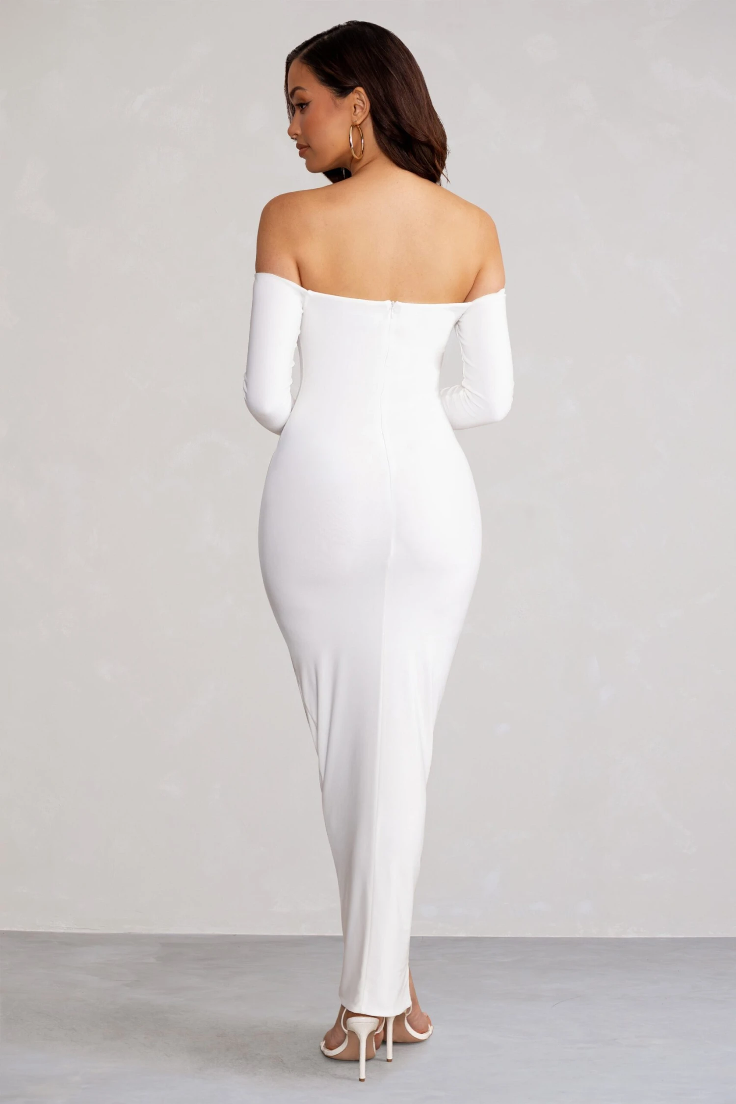 Leanora | White Long Sleeve Bardot Midi Dress With Front Ruffle 2 Leanora | White Long Sleeve Bardot Midi Dress With Front Ruffle - Image 2