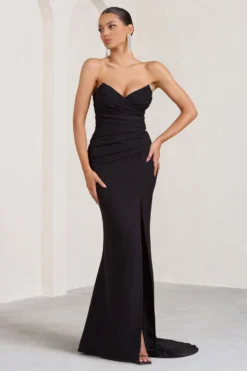 Elene | Black Pleated Split Fishtail Maxi Dress -Stylixon Sales Store WB BR CL129347002 Elene BlackPleatedSplitFishtailMaxiDress2 scaled