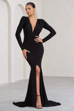 Demure | Black Ruched Long-Sleeved Split Fishtail Maxi Dress -Stylixon Sales Store WB BR CL129348002 DemureBlackRuchedLong SleevedSplitFishtailMaxiDress1 scaled