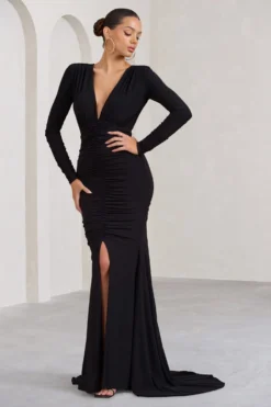 Demure | Black Ruched Long-Sleeved Split Fishtail Maxi Dress -Stylixon Sales Store WB BR CL129348002 DemureBlackRuchedLong SleevedSplitFishtailMaxiDress2 scaled