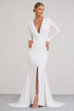 Demure | White Ruched Long-Sleeved Split Fishtail Maxi Dress -Stylixon Sales Store WB BR CL129348005 DemureWhiteRuchedLong SleevedSplitFishtailMaxiDress0 scaled