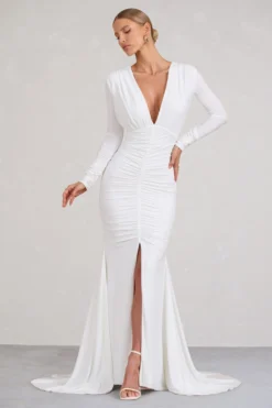 Demure | White Ruched Long-Sleeved Split Fishtail Maxi Dress -Stylixon Sales Store WB BR CL129348005 DemureWhiteRuchedLong SleevedSplitFishtailMaxiDress1 scaled