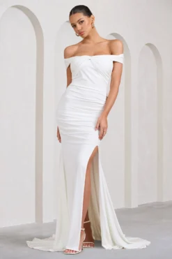 Harmony | White Ruched Bardot Split Fishtail Maxi Dress -Stylixon Sales Store WB BR CL129352005 HarmonyWhiteRuchedBardotSplitFishtailMaxiDress2 scaled