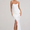 Say Yes | White Corset Maxi Dress With Split Feather Skirt