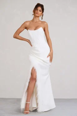Say Yes | White Corset Maxi Dress With Split Feather Skirt -Stylixon Sales Store WB BR CL129356005 SayYesWhiteCorsetMaxiDressWithSplitFeatherSkirt1 scaled