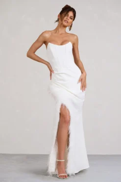 Say Yes | White Corset Maxi Dress With Split Feather Skirt -Stylixon Sales Store WB BR CL129356005 SayYesWhiteCorsetMaxiDressWithSplitFeatherSkirt3 scaled