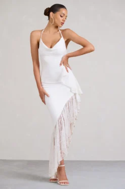 Ladyship | White Lace Asymmetric Ruffled Maxi Dress -Stylixon Sales Store WB BR CL129360005 Ladyship WhiteLaceAsymmetricRuffledMaxiDress1 scaled