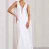 Rosaline | White Plunging Fishtail Maxi Dress With Cape