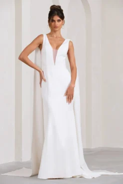 Rosaline | White Plunging Fishtail Maxi Dress With Cape