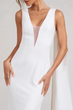 Rosaline | White Plunging Fishtail Maxi Dress With Cape -Stylixon Sales Store WB BR CL129377005 RosalineWhitePlungingFishtailMaxiDressWithCape4 scaled