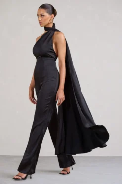 Cascada | Black Satin Wide Leg Jumpsuit With Statement Scarf Neck -Stylixon Sales Store WB BR CL129381002 CascadaBlackSatinWideLegJumpsuitWithStatementScarfNeck2 scaled