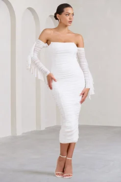 Favor | White Ruched Mesh Bardot Midi Dress -Stylixon Sales Store WB BR CL129388005 FavorWhiteRuchedMeshBardotMidiDress0 scaled