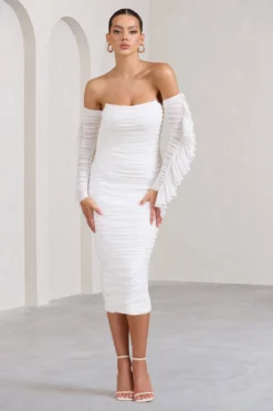 Favor | White Ruched Mesh Bardot Midi Dress -Stylixon Sales Store WB BR CL129388005 FavorWhiteRuchedMeshBardotMidiDress3 scaled