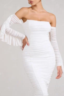 Favor | White Ruched Mesh Bardot Midi Dress -Stylixon Sales Store WB BR CL129388005 FavorWhiteRuchedMeshBardotMidiDress4 scaled
