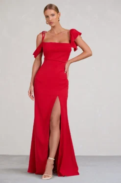 Merlot | Red Asymmetric Draped Split Maxi Dress