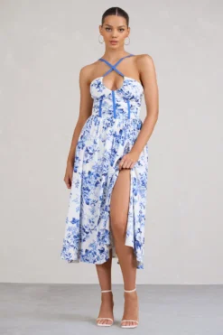Lady Loren | Blue Floral Ruched Cross-Strap Split Midi Dress -Stylixon Sales Store WB BR CL129423144 LadyLorenBlueFloralRuchedCross StrapSplitMidiDress1 scaled