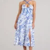 Lady Loren | Blue Floral Ruched Cross-Strap Split Midi Dress