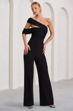 Candy | Black Asymmetric One Shoulder Ruched Jumpsuit -Stylixon Sales Store WB BR CL129512002 CandyBlackAsymmetricOneShoulderRuchedJumpsuit1 scaled