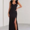 Lily | Black Feather Shoulder Corset Style Maxi Dress