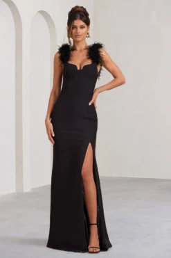 Lily | Black Feather Shoulder Corset Style Maxi Dress