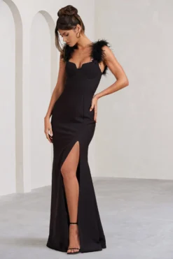 Lily | Black Feather Shoulder Corset Style Maxi Dress -Stylixon Sales Store WB BR CL129517002 LilyBlackFeatherShoulderCorsetStyleMaxiDress4 scaled