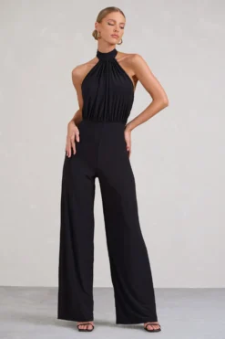 Maddie | Black Backless Halter Neck Ruched Jumpsuit -Stylixon Sales Store WB BR CL129533002 MaddieBlackBacklessHalterNeckRuchedJumpsuit0 scaled