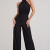 Maddie | Black Backless Halter Neck Ruched Jumpsuit