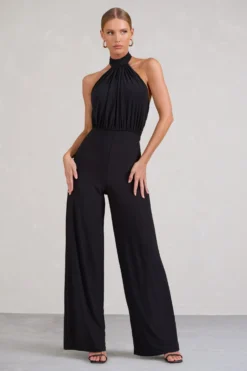 Maddie | Black Backless Halter Neck Ruched Jumpsuit