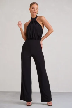 Maddie | Black Backless Halter Neck Ruched Jumpsuit -Stylixon Sales Store WB BR CL129533002 MaddieBlackBacklessHalterNeckRuchedJumpsuit8 scaled