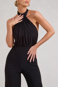 Maddie | Black Backless Halter Neck Ruched Jumpsuit -Stylixon Sales Store WB BR CL129533002 MaddieBlackBacklessHalterNeckRuchedJumpsuit9 scaled
