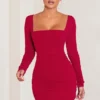 Muse | Red Long Sleeve Square Neck Ruched Mini Dress
