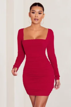 Best Seller 5 Muse | Red Long Sleeve Square Neck Ruched Mini Dress