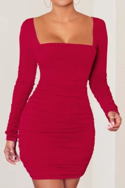 Muse | Red Long Sleeve Square Neck Ruched Mini Dress -Stylixon Sales Store WB CC BR CL126709 red Long Sleeve Square Neck Ruched Mini Dress 1 detail scaled