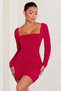 Muse | Red Long Sleeve Square Neck Ruched Mini Dress -Stylixon Sales Store WB CC BR CL126709 redLong Sleeve Square Neck Ruched Mini Dress 2 scaled