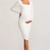 New Life | White Maternity Square Neck Ruched Midi Dress